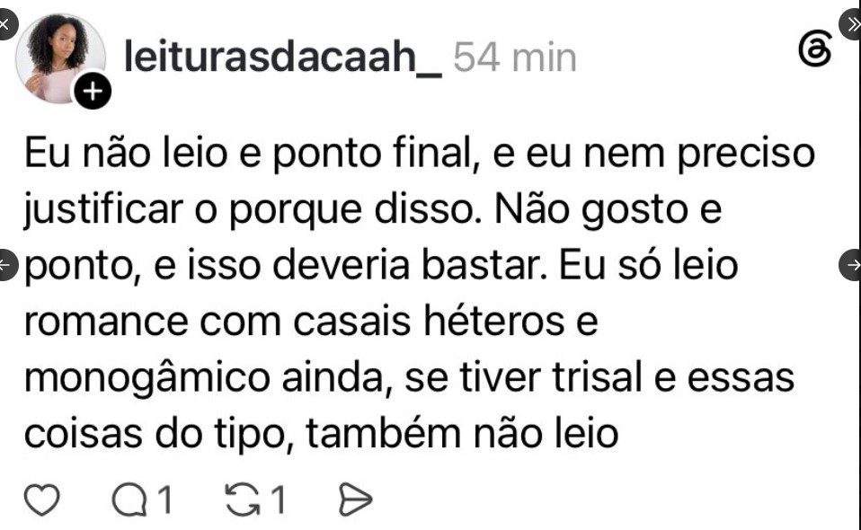 Publicação da influenciadora Caroline Garcia na rede social Threads desagradou editoras 