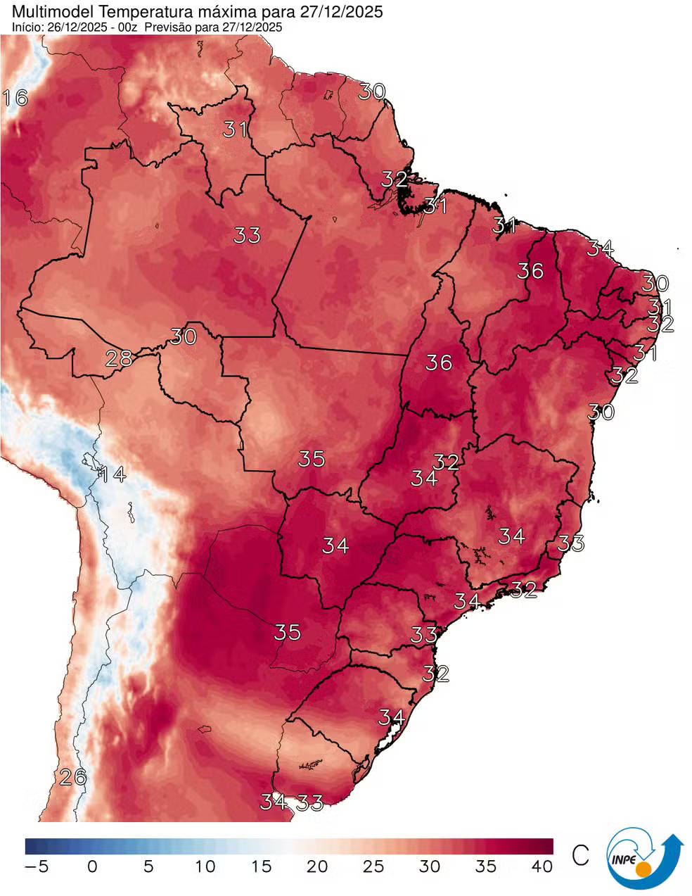 Mapa mostra previsão de temperatura máxima para este sábado