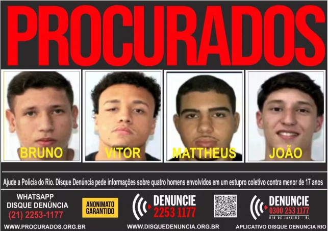 Portal dos Procurados divulgou cartaz dos quatro jovens denunciados pelo estupro coletivo