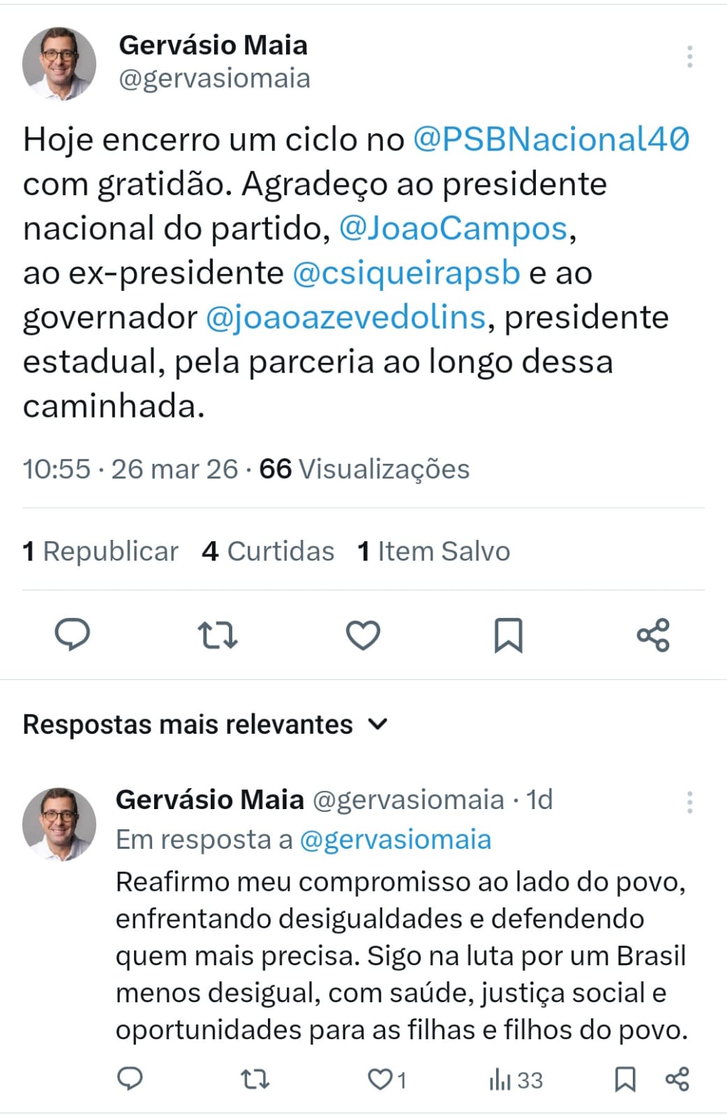 Após apagar post anterior, Gervásio Maia fez nova publicação com devidas menções