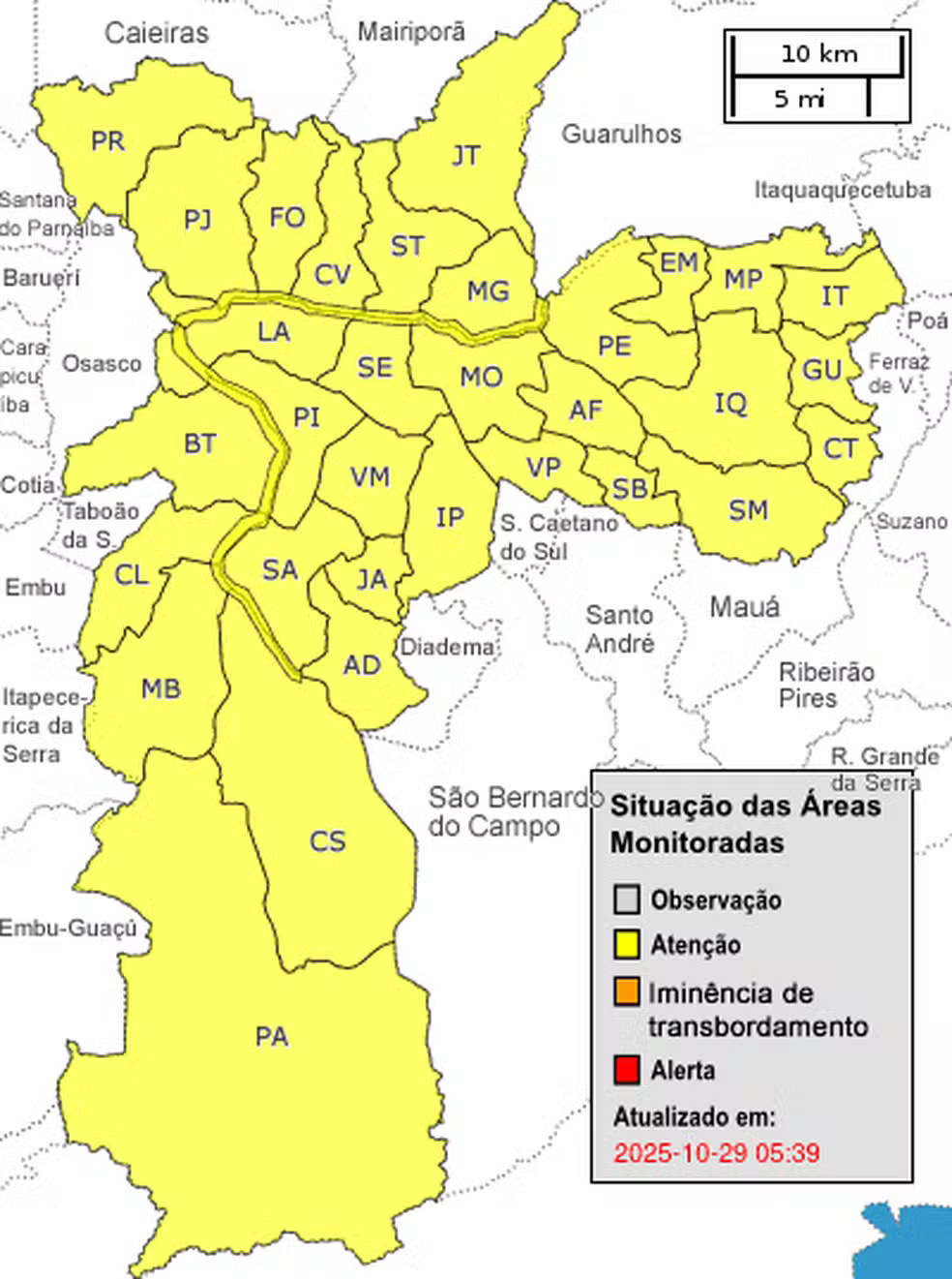 Mapa mostra situação na cidade de São Paulo