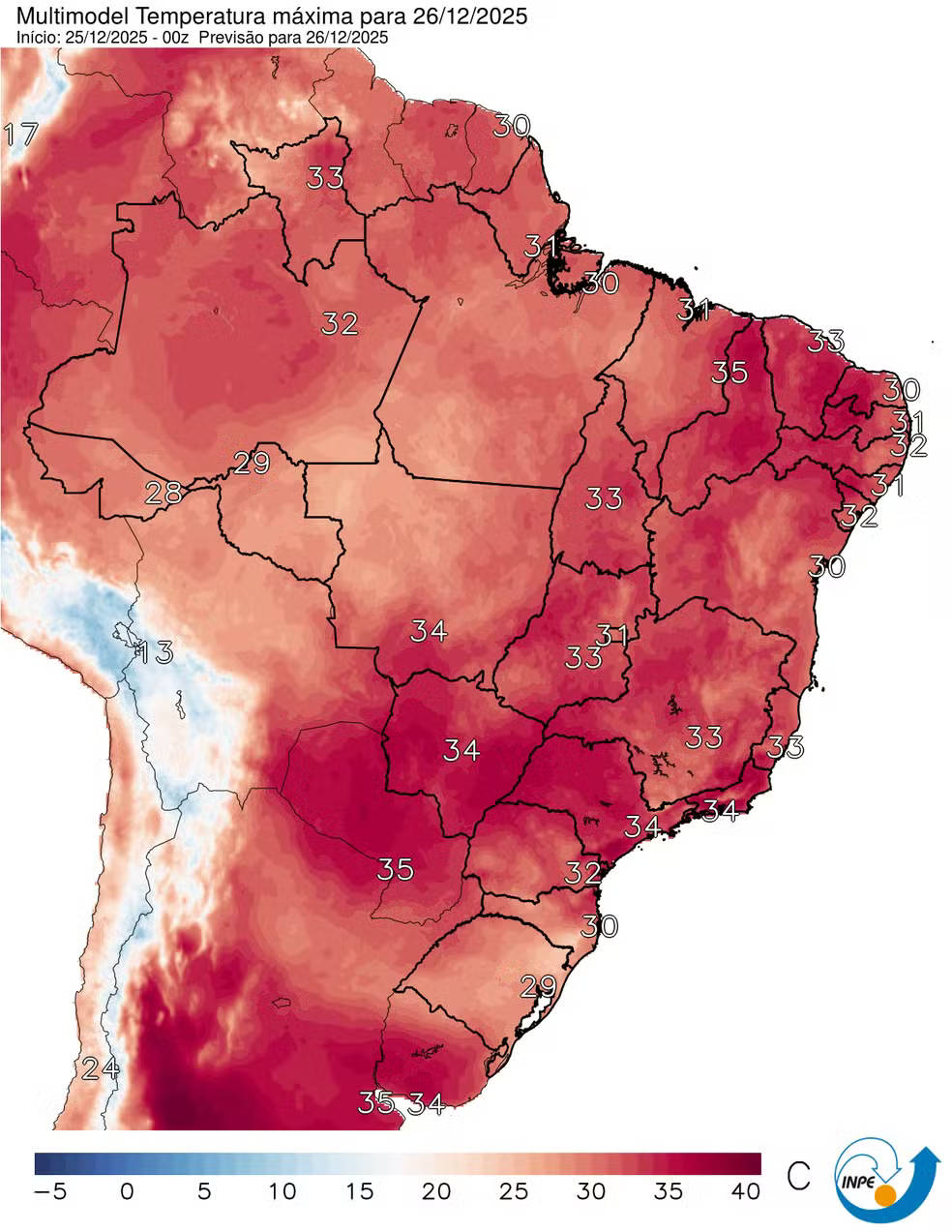 Mapa mostra previsão de temperatura máxima para esta sexta