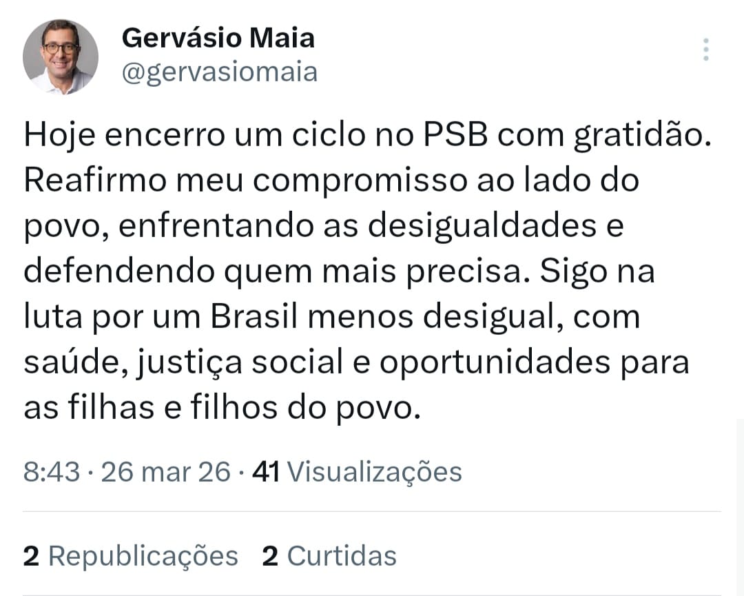 Primeiro post do deputado Gervásio Maia deixou de mencionar líderes do PSB