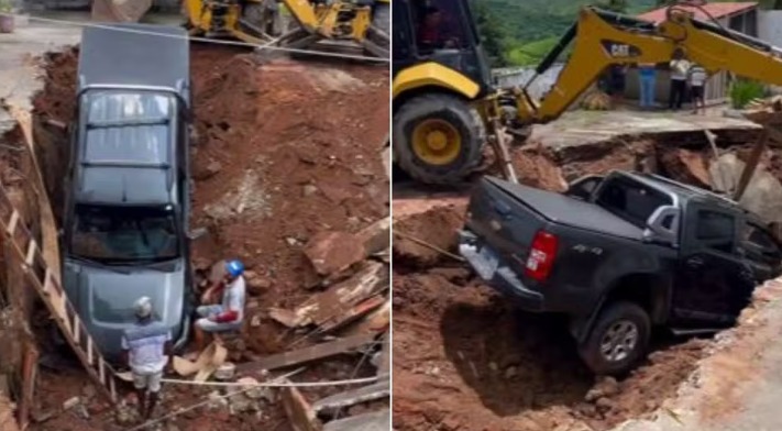 Duas retroescavadeiras foram usadas para retirar a caminhonete da cratera