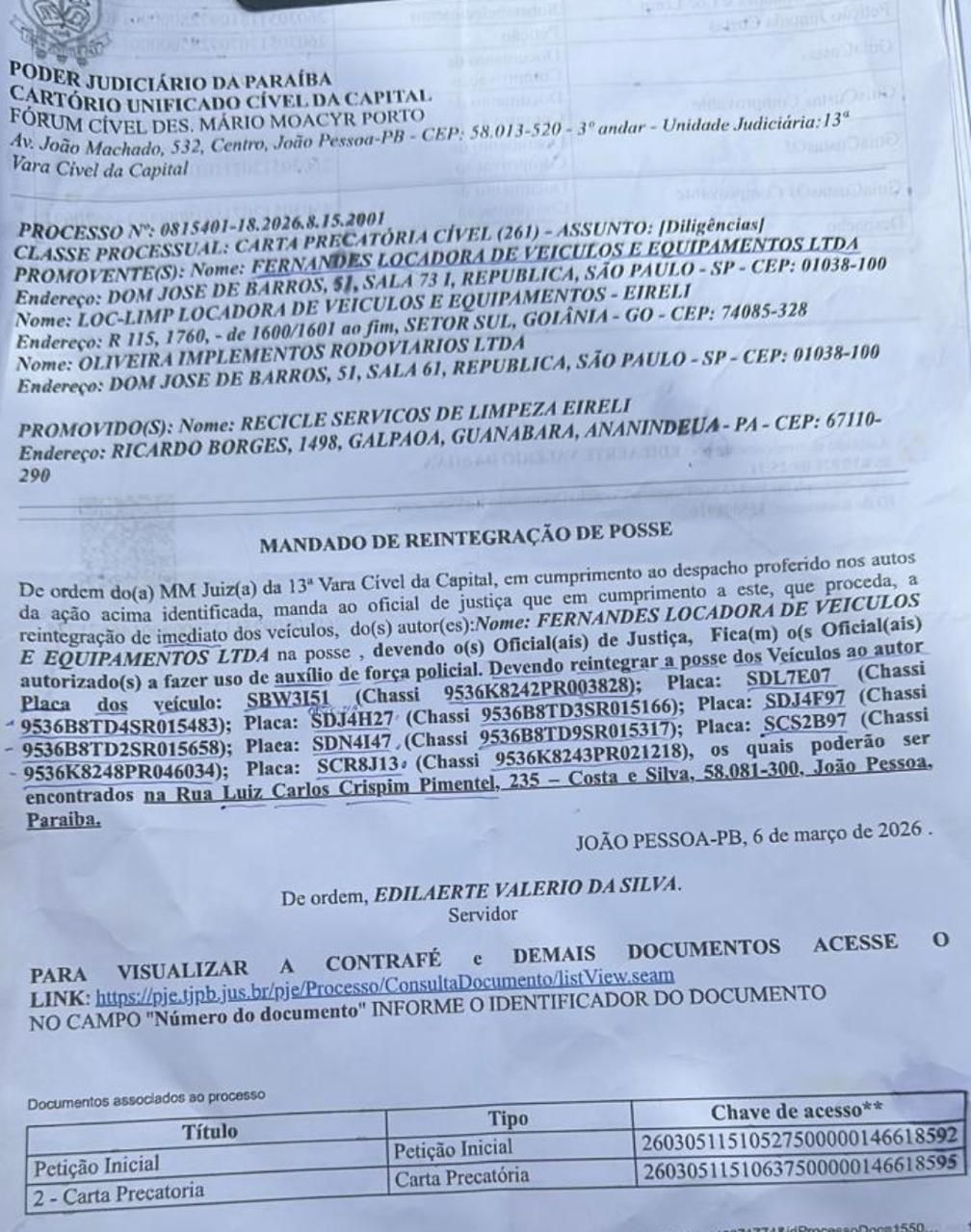 Mandado de reintegração de posse divulgado pela Prefeitura de João Pessoa 