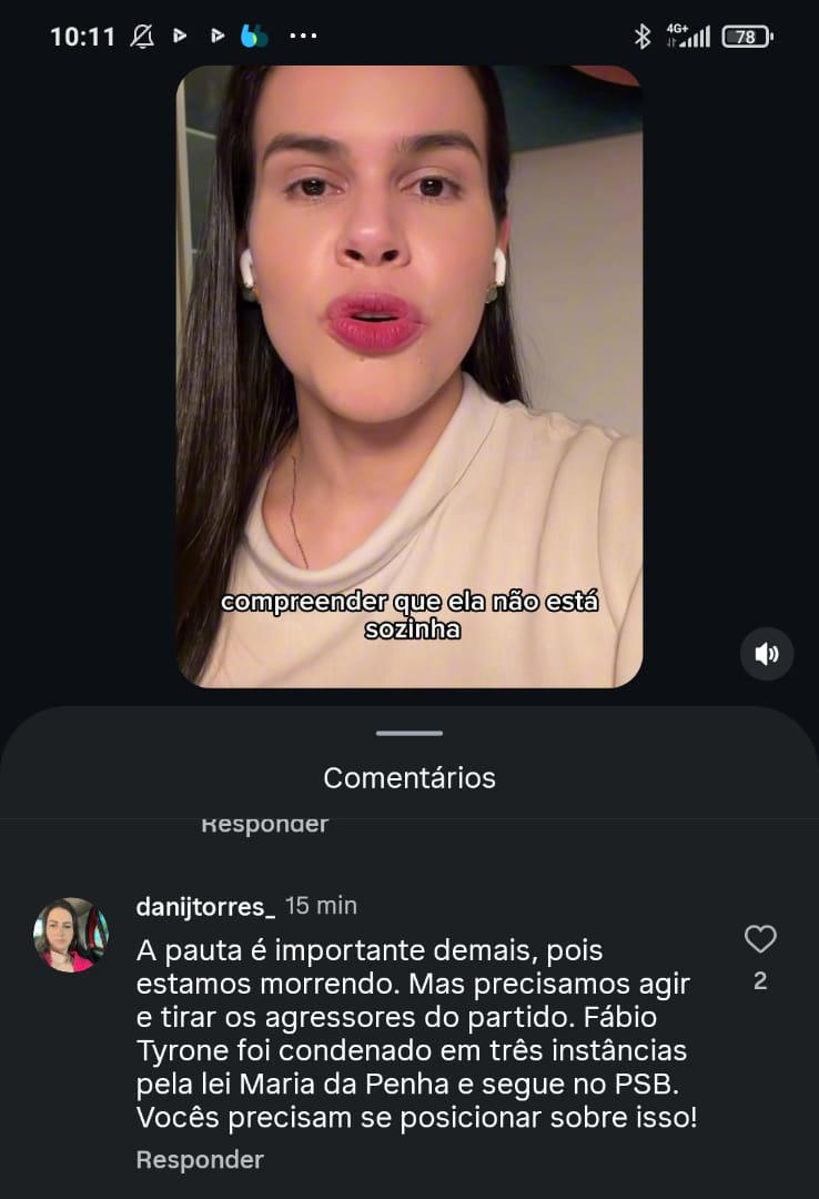 Usuária questiona posição de Rafaela Camaraense sobre a presença de Fábio Tyrone no partido