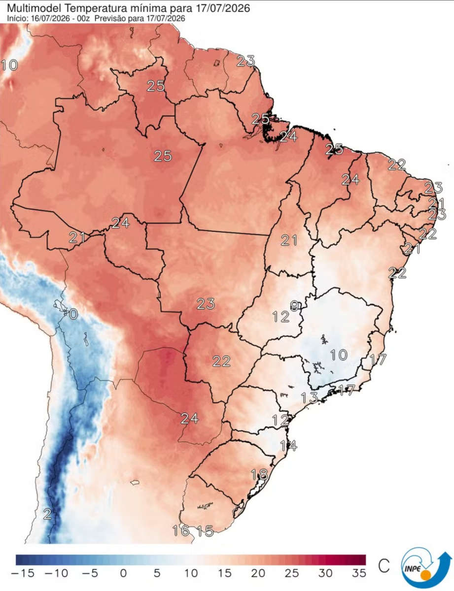 Temperaturas mínimas previstas para esta sexta em todo o Brasil