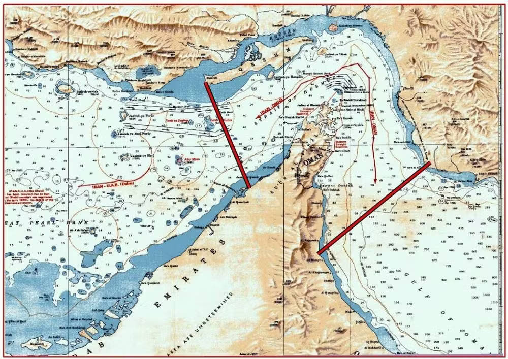 Mapa mostra duas linhas vermelhas na região do Estreito de Ormuz