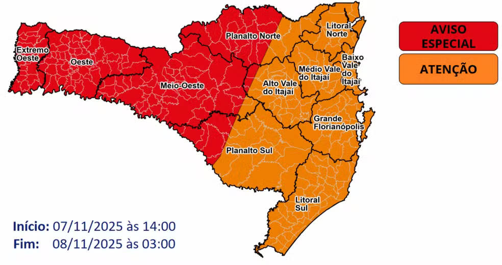 Áreas em vermelho no mapa indicam potencial elevado para tempestades severas