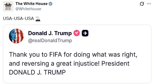 Perfil oficial da Casa Branca celebra decisão ao republicar agradecimento do presidente Donald Trump