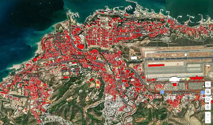 Mapa da Nasa mostra em vermelho os prédios com 75% de chances de terem sido danificados pelos terremotos da última semana 